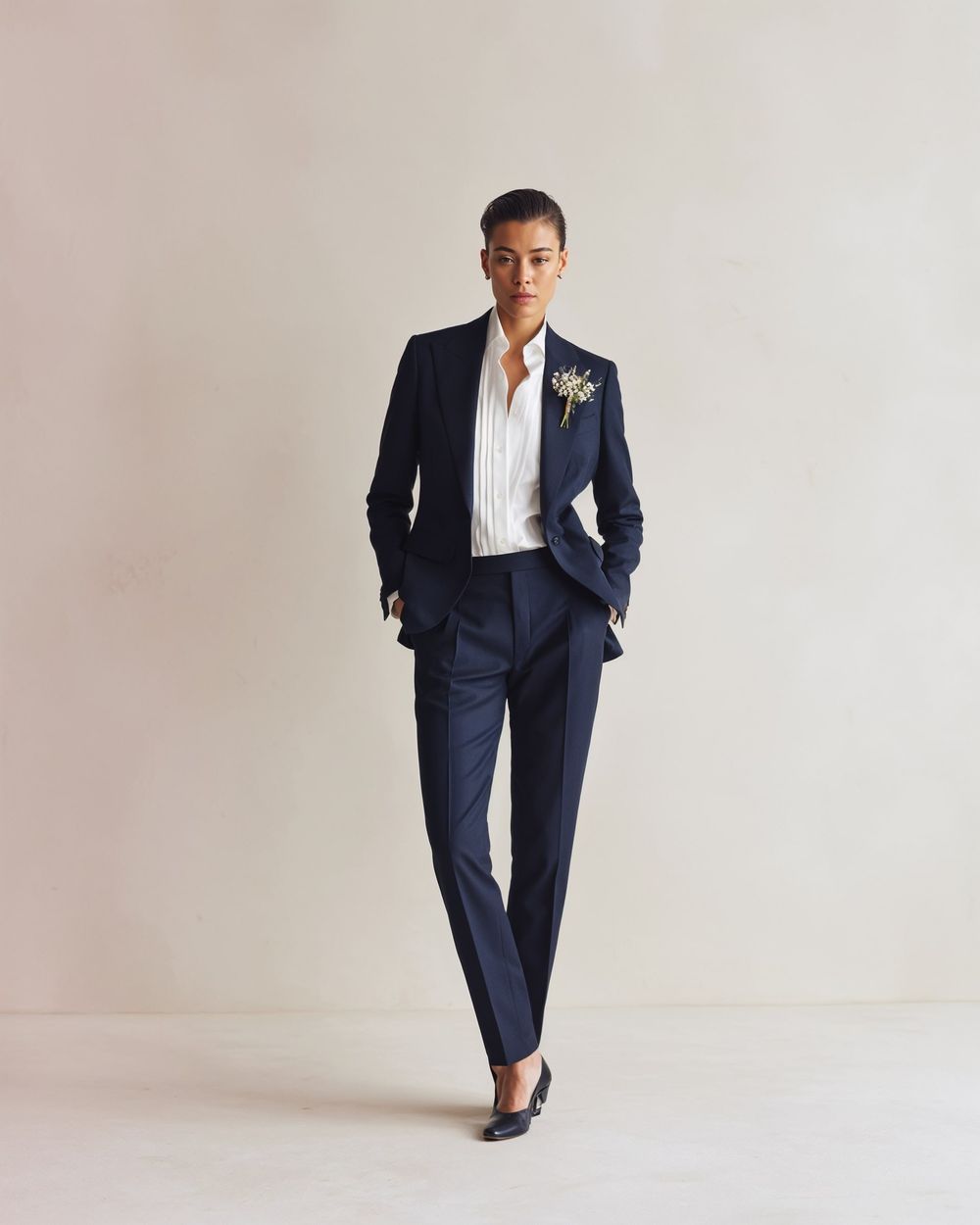 Navy Suit with White Dress Shirt and Floral Boutonniere