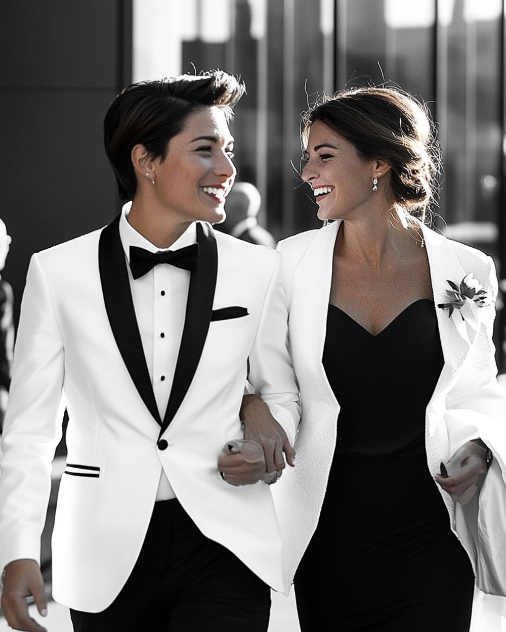 White Tuxedo with Black Lapels and Evening Dress Pairing