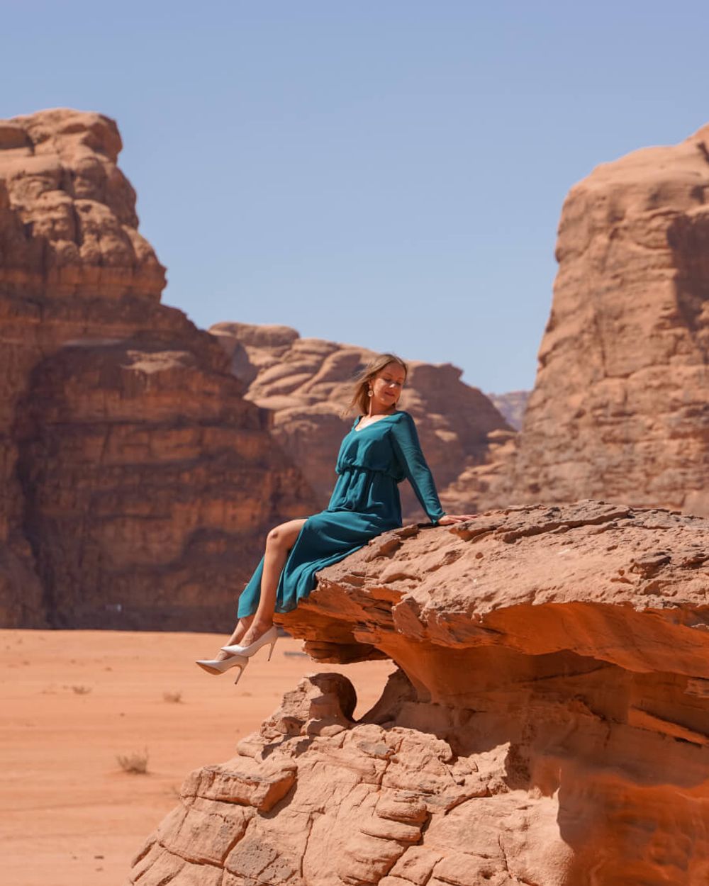 Midi Green Dress with White Heels Outfit