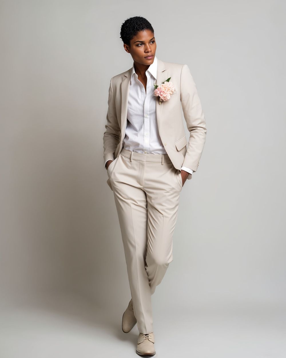 Light Beige Suit with White Dress Shirt and Blush Boutonnière