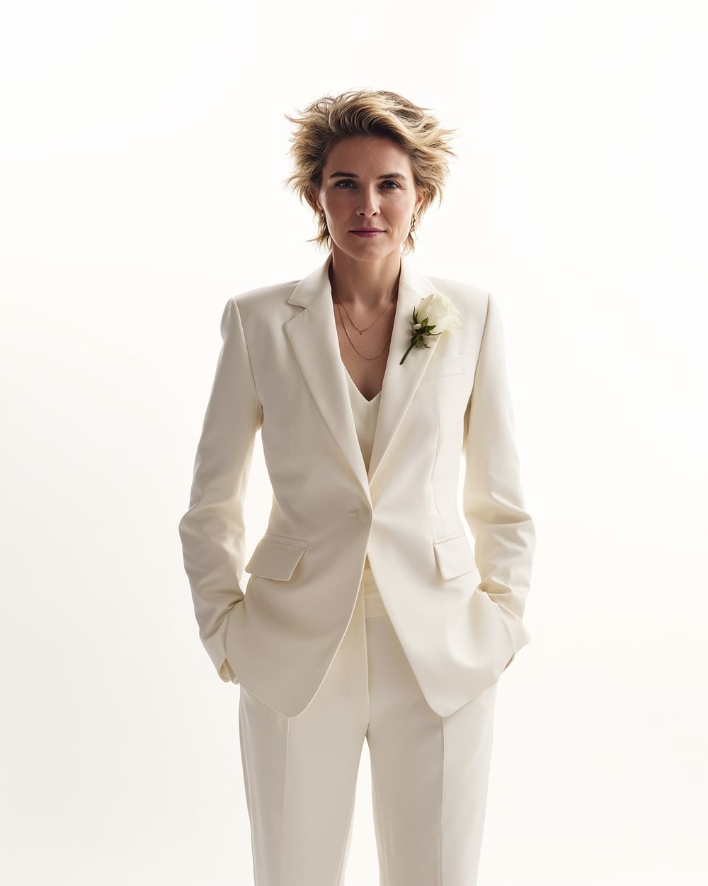 Ivory Suit with White Dress Shirt and Rose Boutonniere