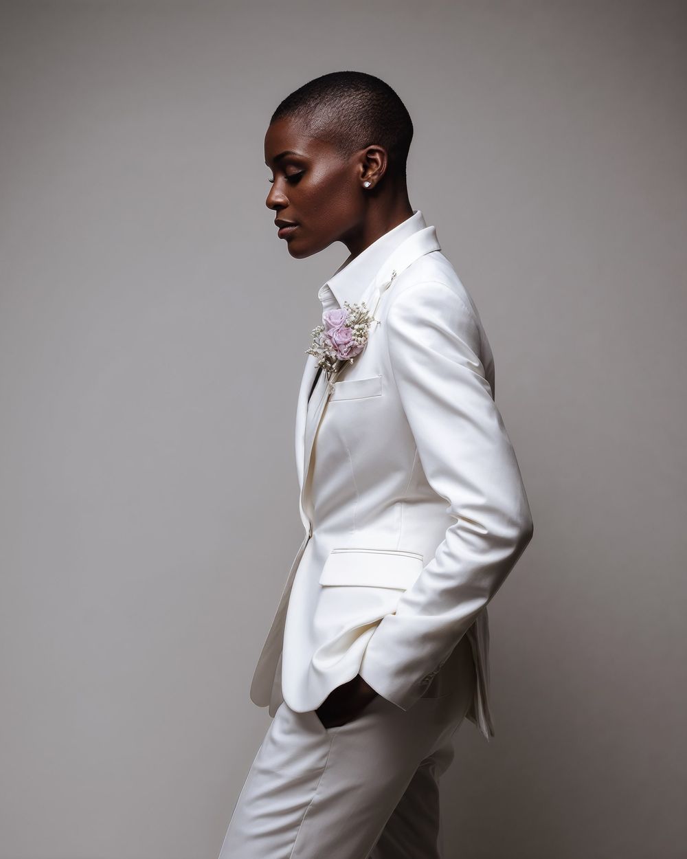 Ivory Suit with White Dress Shirt and Floral Boutonniere