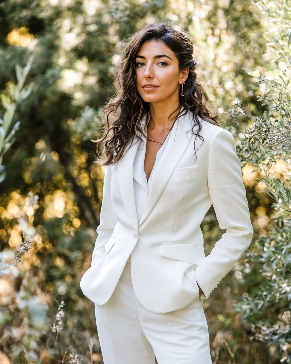 White Blazer with Matching Trousers and Flowing Blouse