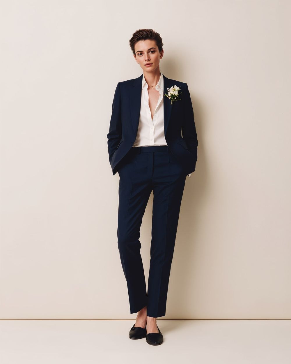 Navy Blue Suit with White Dress Shirt and Floral Boutonniere	