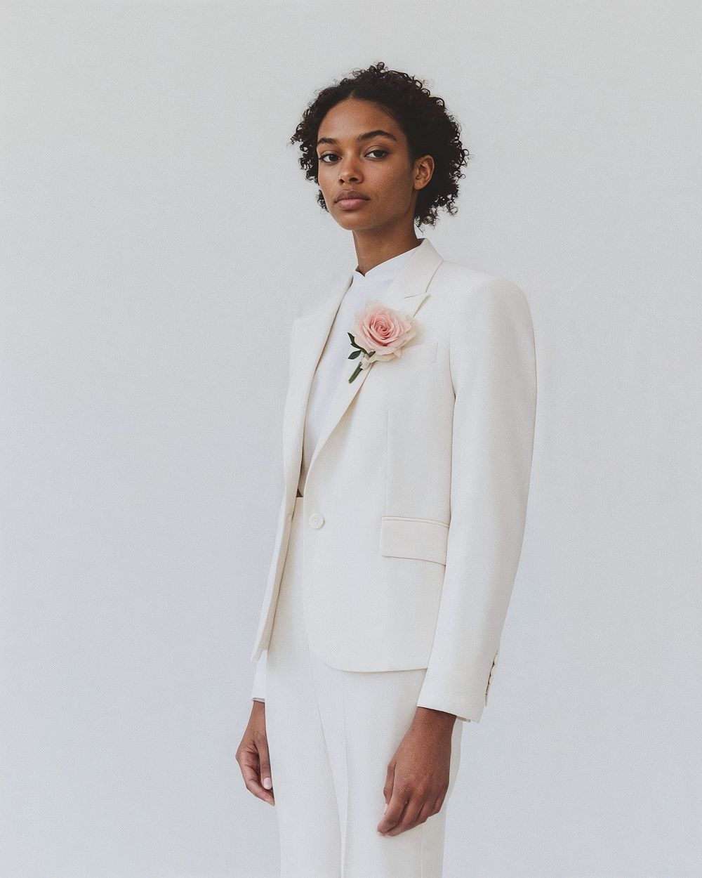 Ivory Slim-Cut Suit with Pink Rose Accent