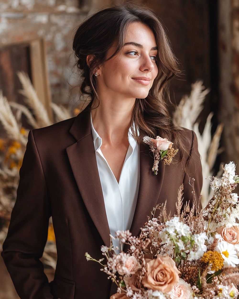 Chocolate Brown Suit with White Blouse