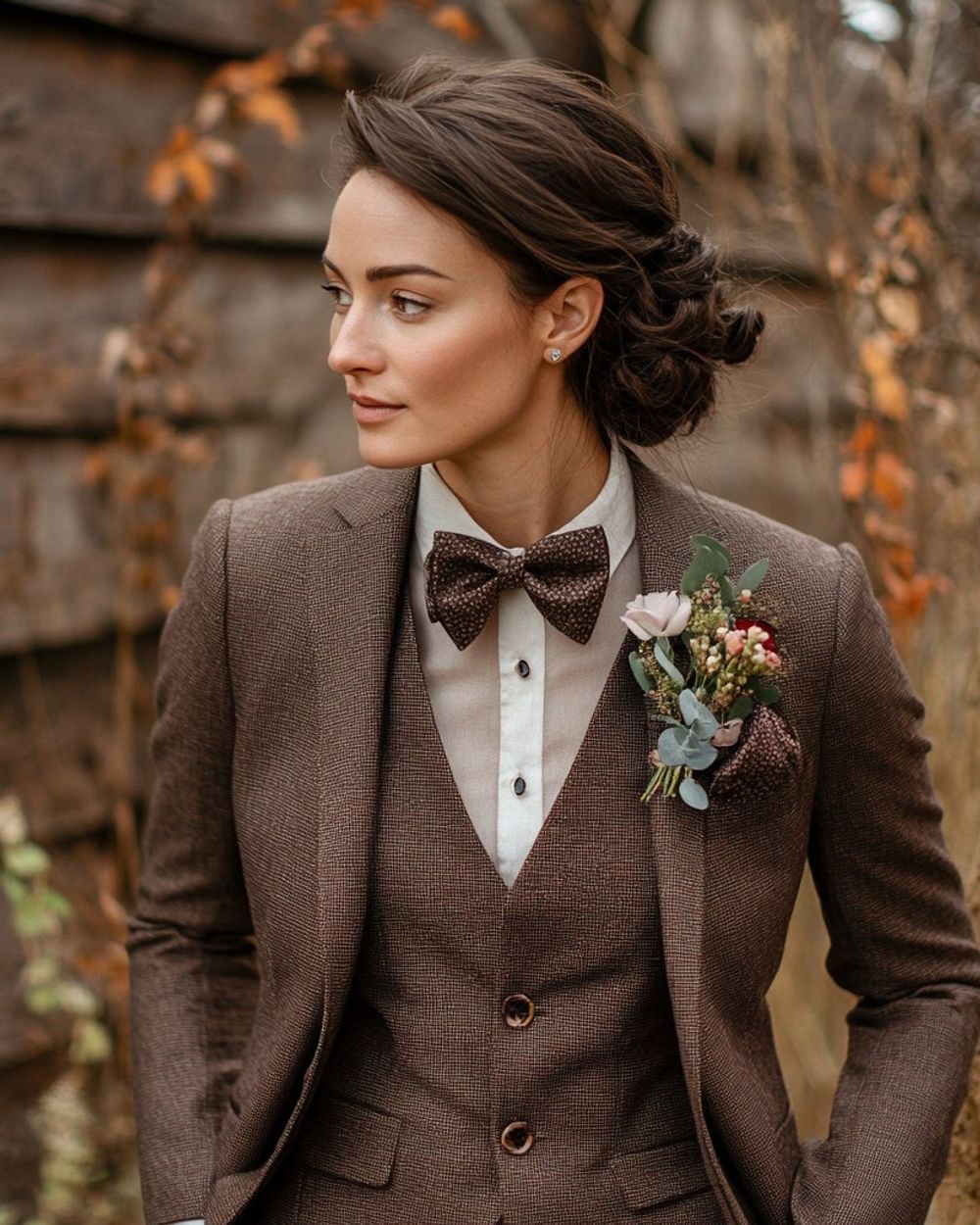 Chocolate Brown Suit with Ivory Shirt and Bow Tie
